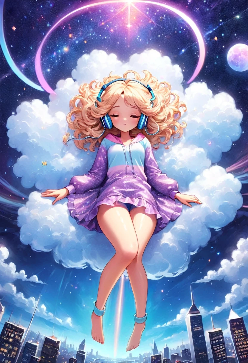 A beautiful fantasy style painting of a beautiful blonde woman with big messy hair, floating on a cloud gracefully laying on the cloud, wearing headphones, with moon light, twinkling stars and stardust, vibrant and colorful, full body shot, looking down at a small city at night, cityscape, colorful stardust, fantasy art style, rossdraws cartoon vibrant, cute detailed digital art, colorfull digital fantasy art, digital fantasy art ), glossy digital painting, rossdraws pastel vibrant, rossdraws 2. 5, rossdraws 1. 0