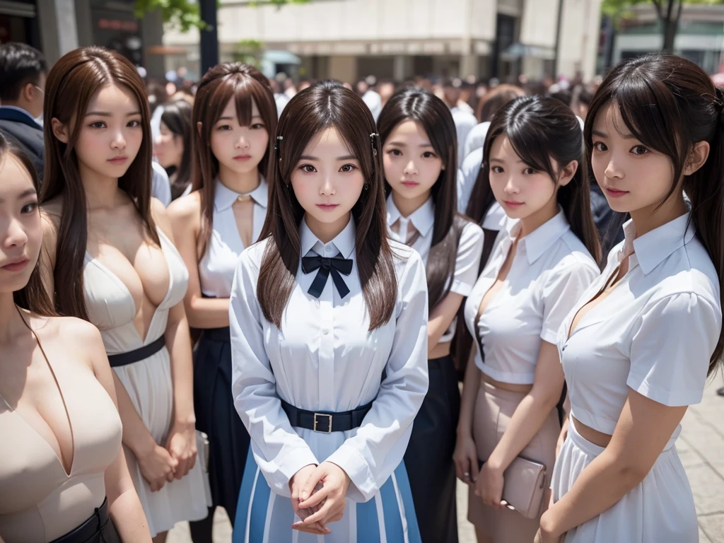 (((Clone Art)))、((Very detailed depiction of a female avatar))、8k、Realistic、20-year-old、Beauty Women、(A girl in a bronze maid outfit)、The skirt is brown、White hose、Black leather shoes、Hair in a ponytail、Cute smile、Sticky skin、Big B cleavage、Full brup、(((Clone skivated)))、(((There are many people with the same exact face and body type)))、((Full of girls who are just clones))、Surrounded by girls who are clones、Tens of thousands of girls、Standing、sitting、Crowd of girls、Split-ego girls group、A crowd of girls、A girl with an alter ego walks、smile