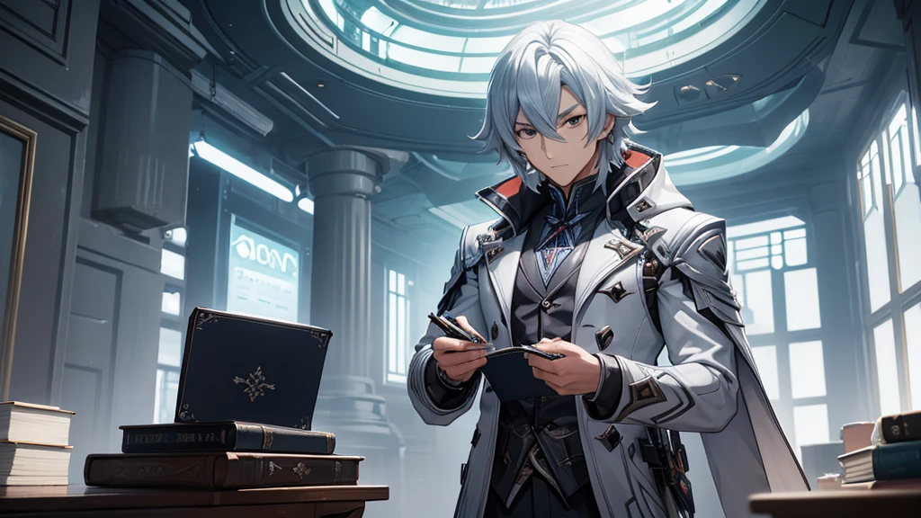 man writing a diary in a futuristic setting. He should have clothes and hair similar to Arlechinno from the game Genshin Impact.