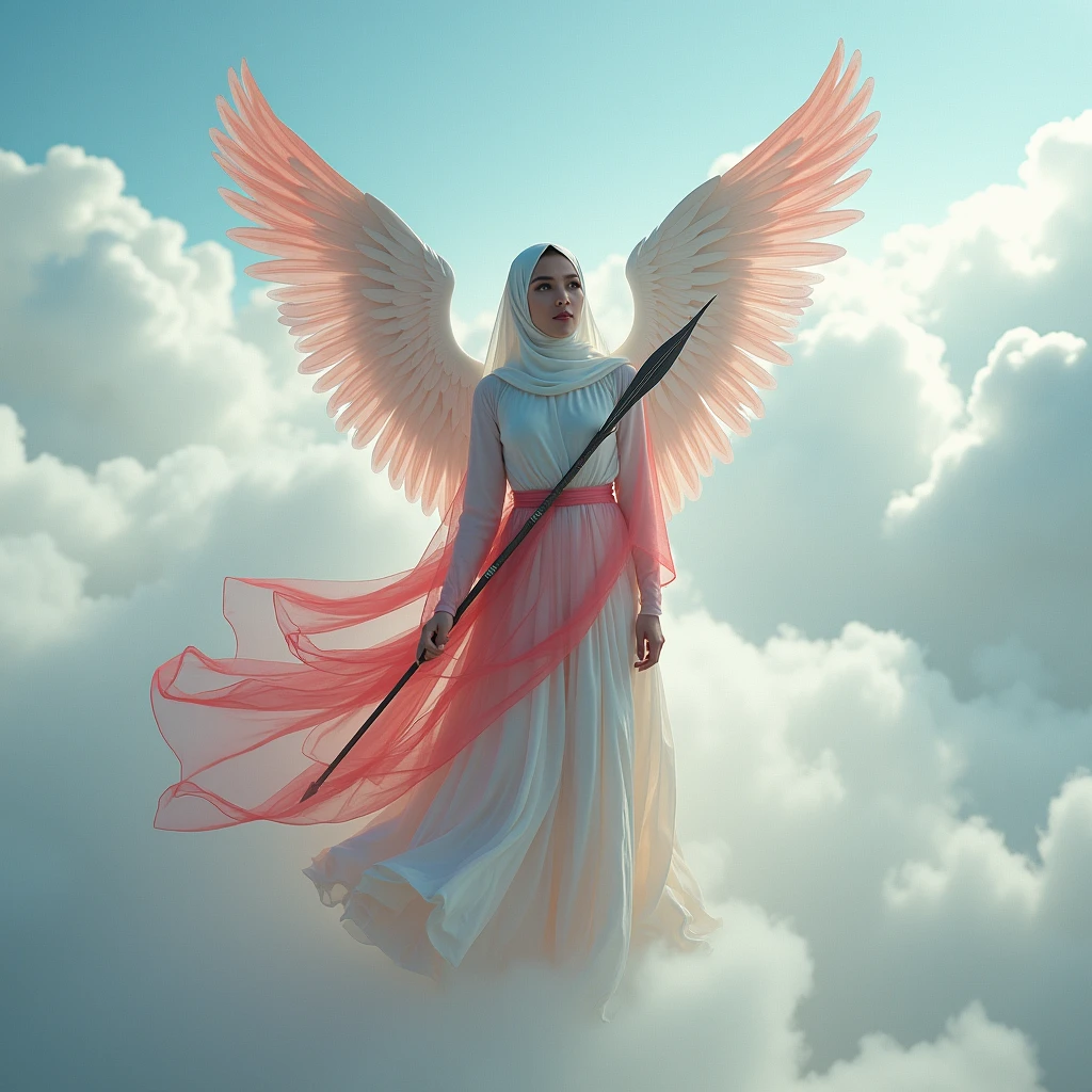 Tree Muslim woman wearing a dress made of used plastic, soft transparent red and white colour with red and white, with wings like Indonesian garuda, elegant minimalist clasik design, wearing a white long skirt with red and blue straight line pattern, flying, on top of cloud, very realistic, center, very realistic, (complex detail: 0.9), (hdr, hyperdetail: 1.2), RAW, Sony Alpha a9 II, 24-105mm f/4, HDR, holding a spear, 