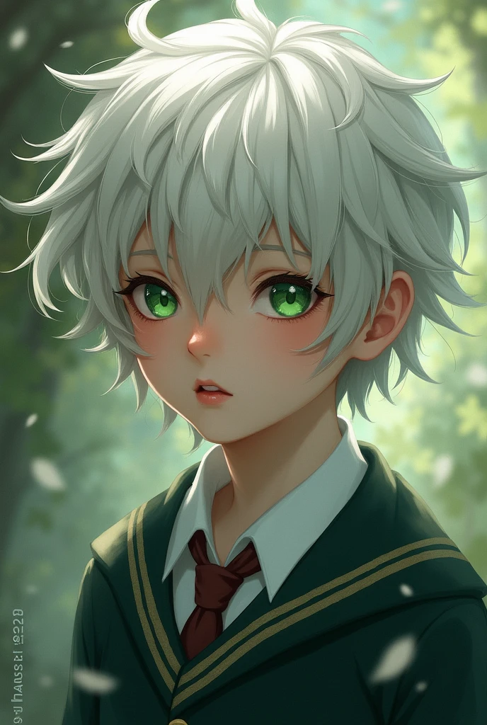 A boy has short brown hair, It is white, and his eyes are green, He wears a school uniform