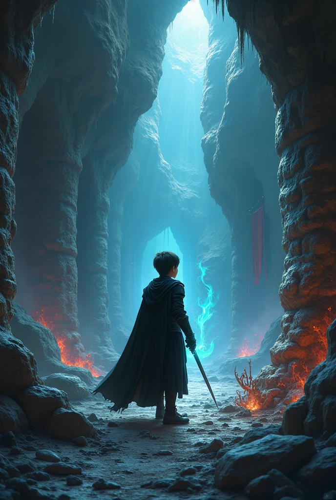 Create a image of a boy with black armour in a
labyrinthine cavern filled with traps and hazardous terrain. The cavern was a maze of twisting passages and hidden pitfalls. Appu used his powers strategicallyfire against the dragons fiery breath, ice for protection, wind for agility, and earth to navigate the labyrinth. In s big maze