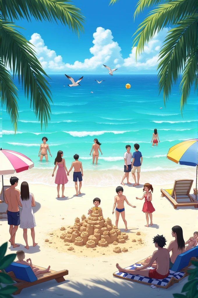 an anime-style landscape capturing a summer beach day. The beach has clear blue water lapping against white sand, with vibrant beach umbrellas and towels scattered along the shore. People are engaged in various activities: children building sandcastles, friends playing beach volleyball, and couples strolling along the water's edge. Palm trees sway in the gentle breeze, and seagulls fly overhead. The sky is a bright, cloudless blue, adding to the lively and carefree atmosphere.
