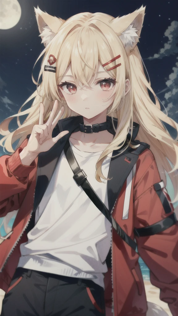 male,Around 18 years old,Wolf Cut,Blonde,Red eyes,Slanted Eyes,She is wearing a Batten hair clip.,Moon Collar,Black clothes,Red jacket,Looking at me and making a peace sign