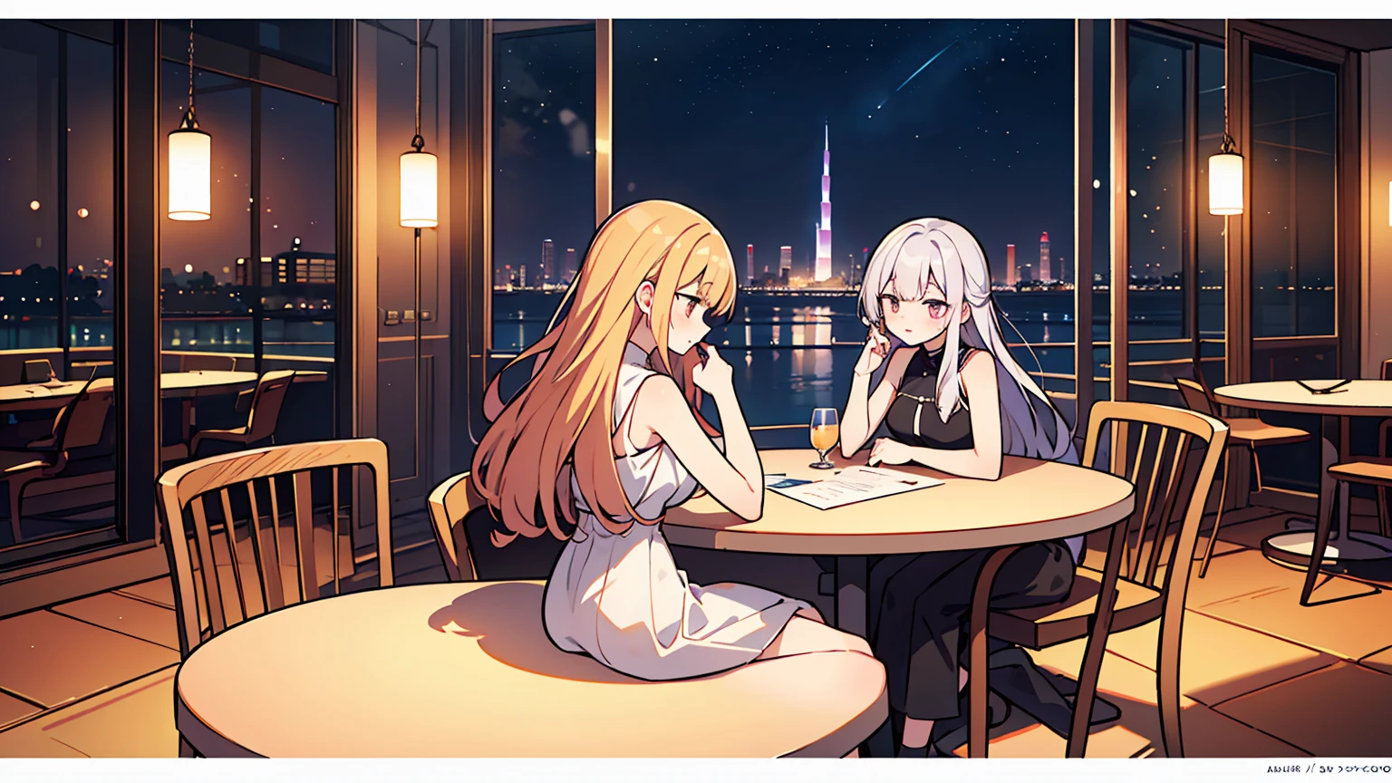 (masterpiece, best quality),2 women, different hair colors, different faces,letterboxed, perfection of fashion,chapped lips, sleeveless,dress,upper body, from the side,Lake Park,The horizon is reflected,,Round table ,chair,,Neon signs illuminating the night view with the Dubai Tower in sight