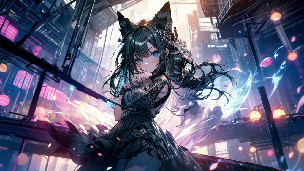 A girl is playing an ocarina on a tree branch.
She has long black hair and wears a white dress.
Next to the girl, a black cat is riding along with the music.