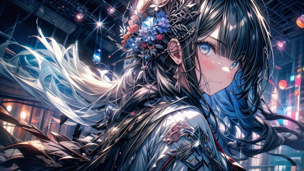 A girl is playing an ocarina on a tree branch.
She has long black hair and wears a white dress.
Next to the girl, a black cat is riding along with the music.