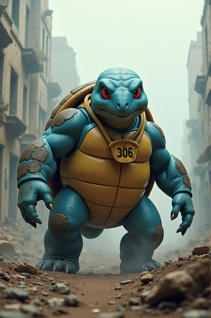 The Pokémon Blastoise in a post-apocalyptic world wearing a bib with the number 306.