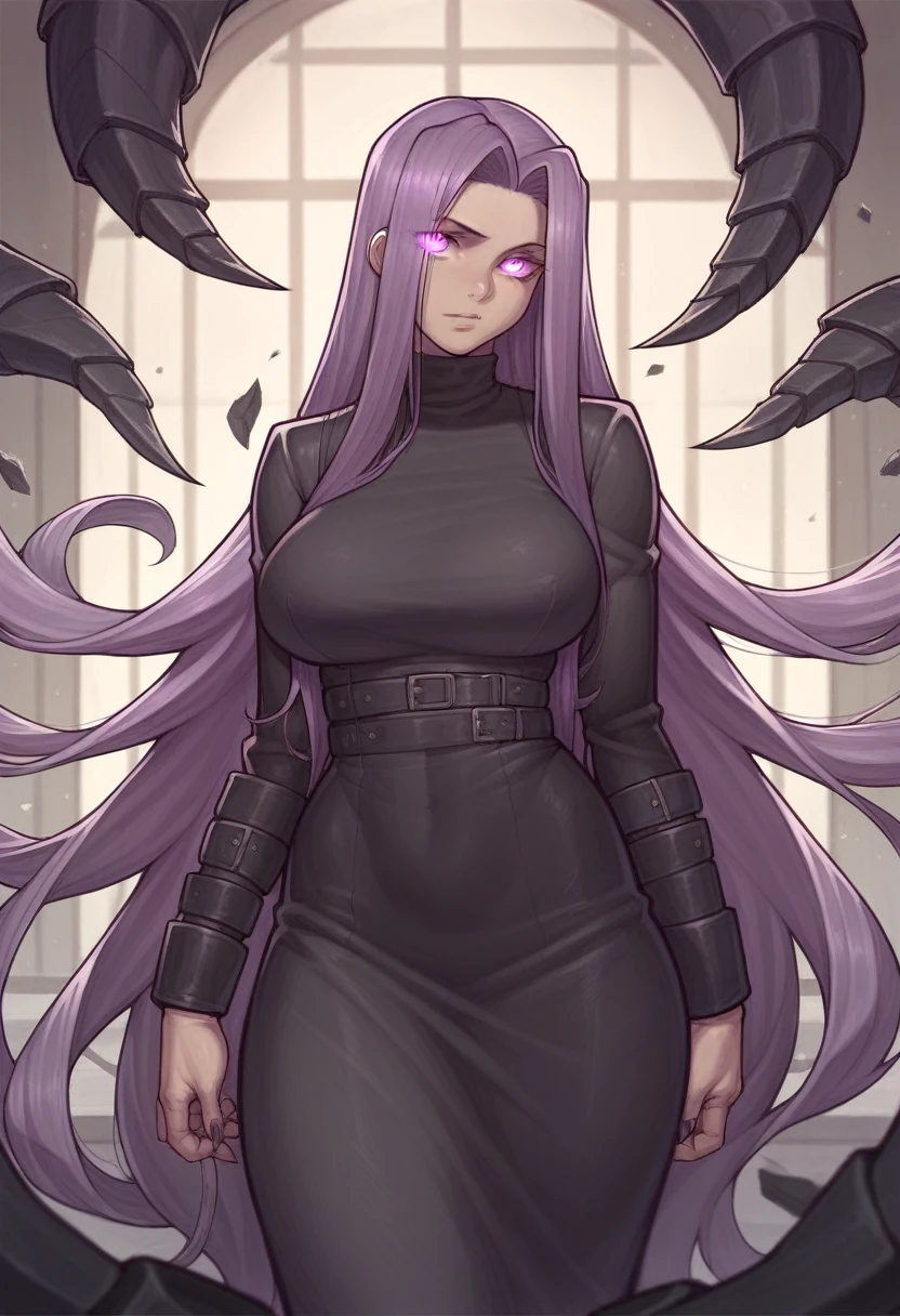 _asura style, 1girl, solo, medusa (fate), looking at viewer, glowing eyes