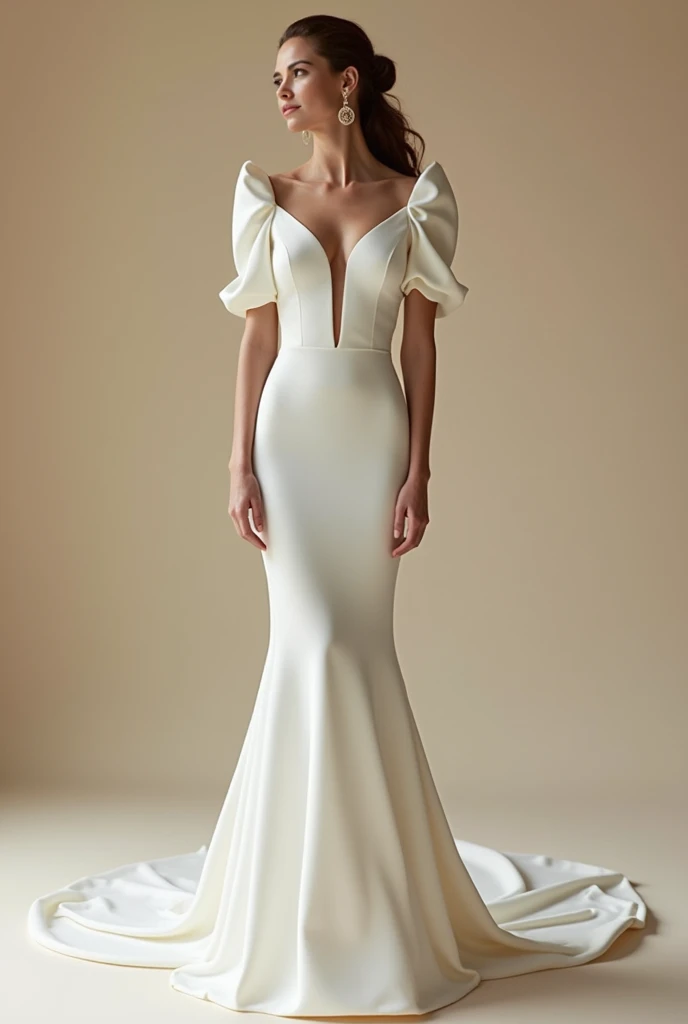 Bride wedding gown, puff sleeves, broad neckline with no depth ,slim fit unique dress, no mermaid tail