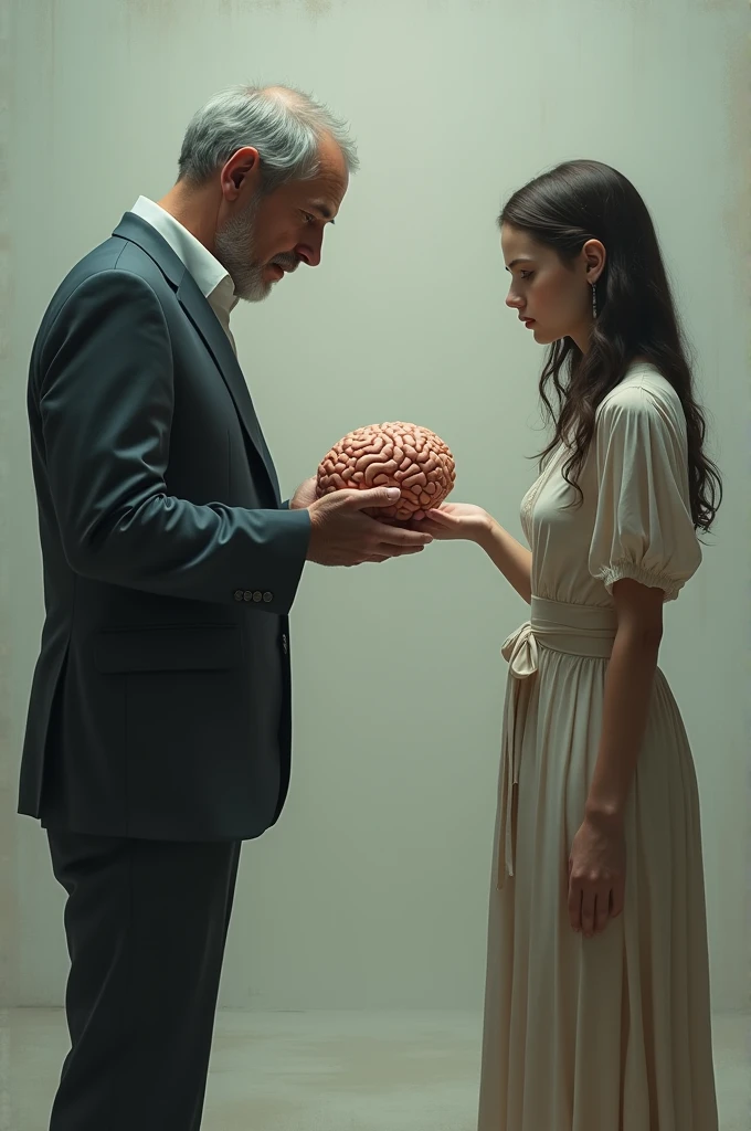 a man holding brain in hands and giving to a girl but girl is refusing to take it