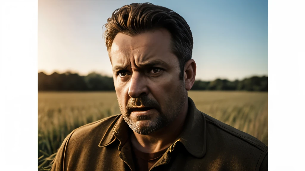 (Better image quality) A 40-year-old man scared;in a field ; very realistic image .