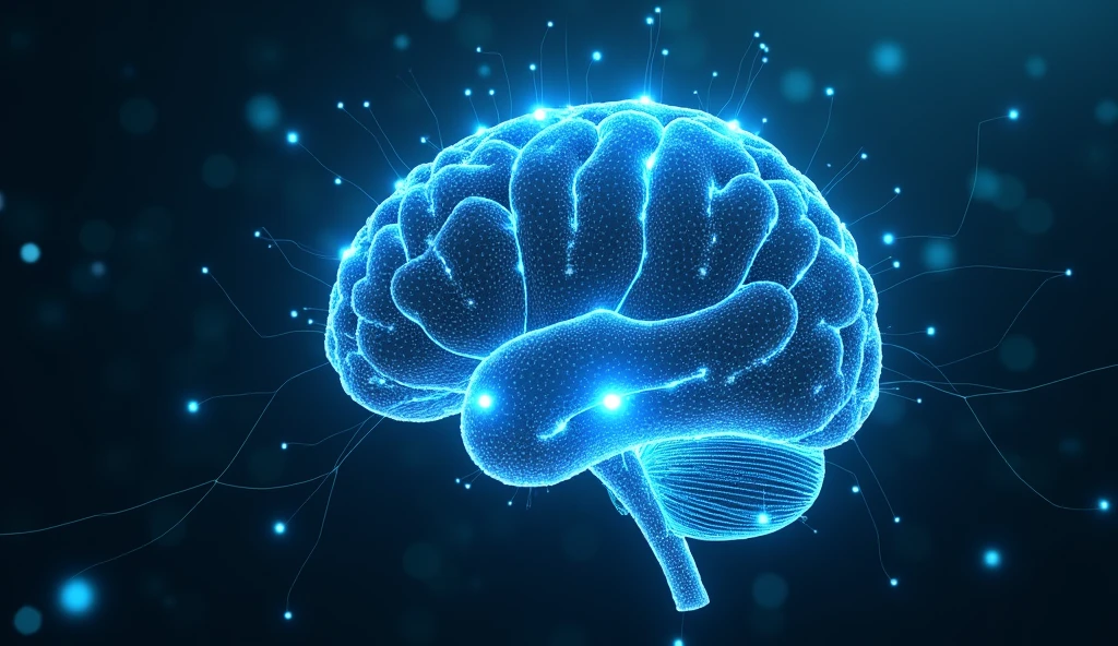 An artistic representation of a digital brain with neural networks and circuits, all illuminated in electric blue, highlighting artificial intelligence