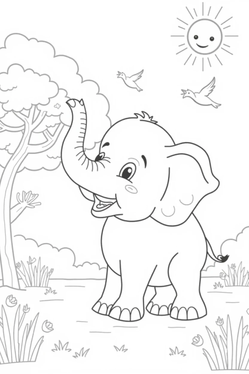 Create a line drawing of a playful elephant in a safari environment, designed for a coloring page . The elephant should have a cheerful expression and be holding its trunk up as if it is giving a cheerful “hello”. Add some simple elements around, like a tree with big leaves, a smiling sun in the sky, and some birds flying. Also include some small details, like flowers or bushes, to give a playful touch. Keep the outlines clear and spaced for easier coloring.