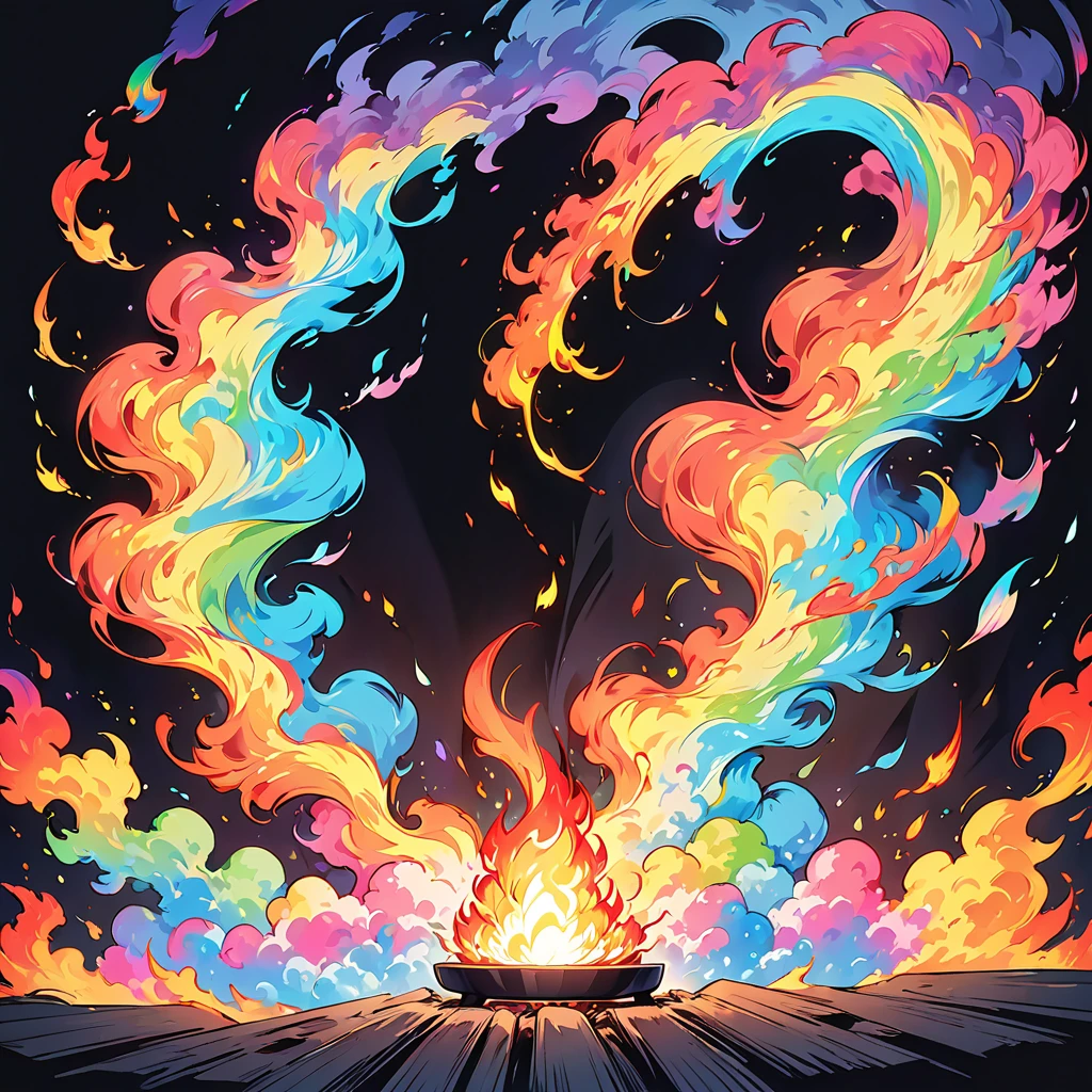 A colorful neon rainbow smoke of a smartphone on the fire, an ethereal flame from smartphone , vibrant colors, in the style of vector art, isolated on a black background with no shadows in the anime. --s 800 --style raw --niji 6