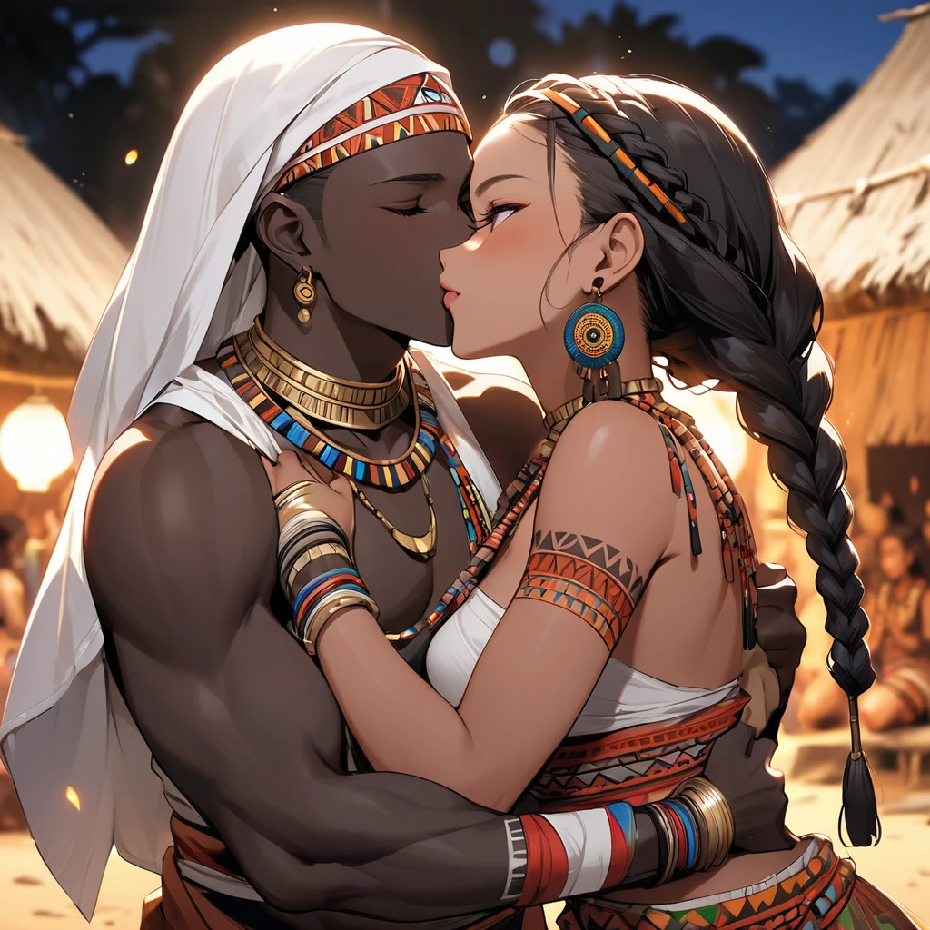 ((Highest quality)), ((masterpiece)), (detailed), （Perfect Face）、The woman is wearing the tribe's bridal attire, embracing the tribal man tightly, sharing a deep kiss, expressing their love for each other, and celebrating their wedding.、The woman has bright black skin、（Ghana braids with strong curly hair slicked back）、Black, dark skinned, African native tribal woman、The amount of hair is small、Black Hair、Very short curly hair、Ghana braid hair, finely and delicately braided into Ghana braids and slicked back、Her hair is braided and thin, and she wears a tribal headdress and a tribal headscarf.、African black woman beautifully dressed in tribal clothing, tribal earrings and tribal accessories, wearing tribal makeup、A beautiful tribal woman with tattoos all over her body、Women in tribal village night rituals、The woman&#39;s hair is dyed black by the other women in the village and styled like an African woman&#39;s.