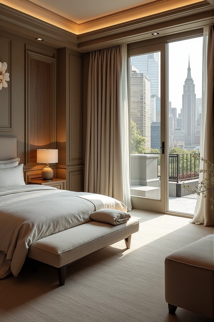 Imagine a billionaire's retreat in a New York City mansion, designing a serene and luxurious bedroom oasis with top-of-the-line features.