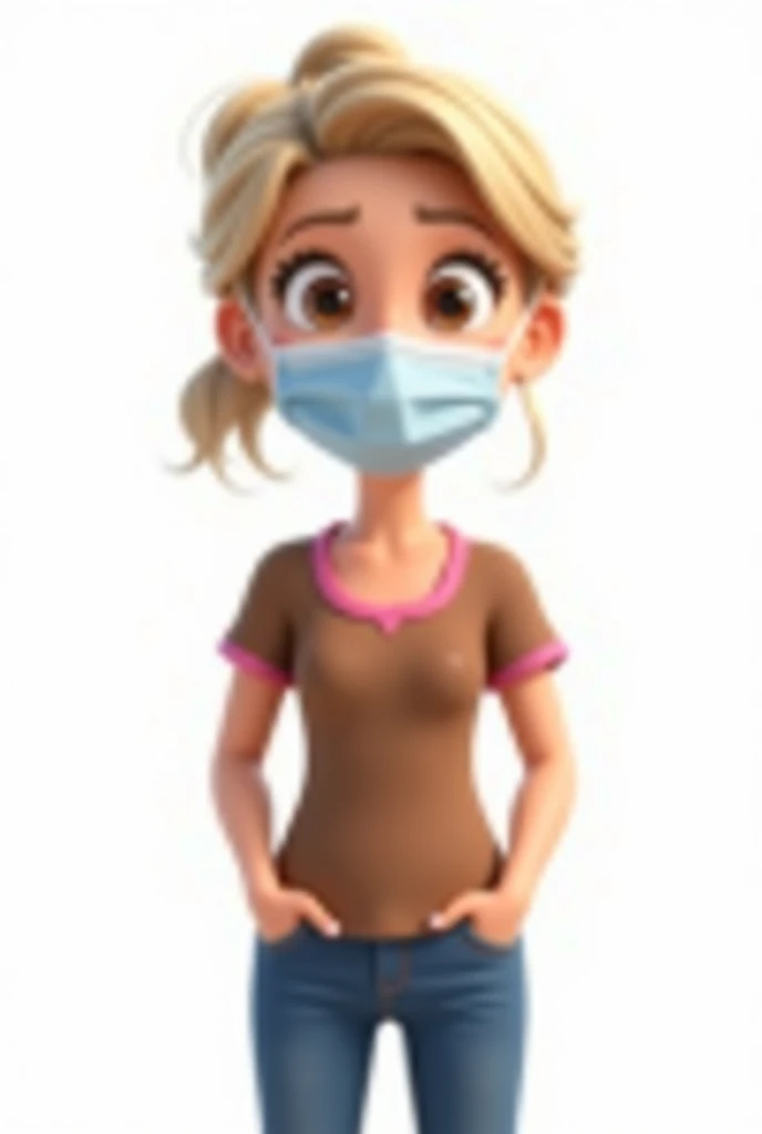 cartoon girl, fully body, wearing surgical mask, with medium blonde hair, hair tied up and brown eyes, cartoon art style, full body character portrait, photorealistic art style, 3d stylized, realistic art style, Stylized 3D rendering, Character wearing a brown t-shirt with a pink collar and jeans, hands in pocket, cartoon style illustration; motor 3d irreal, realistic 3 d style, Arte Disney, stylized portrait, white background, good resolution sharp image