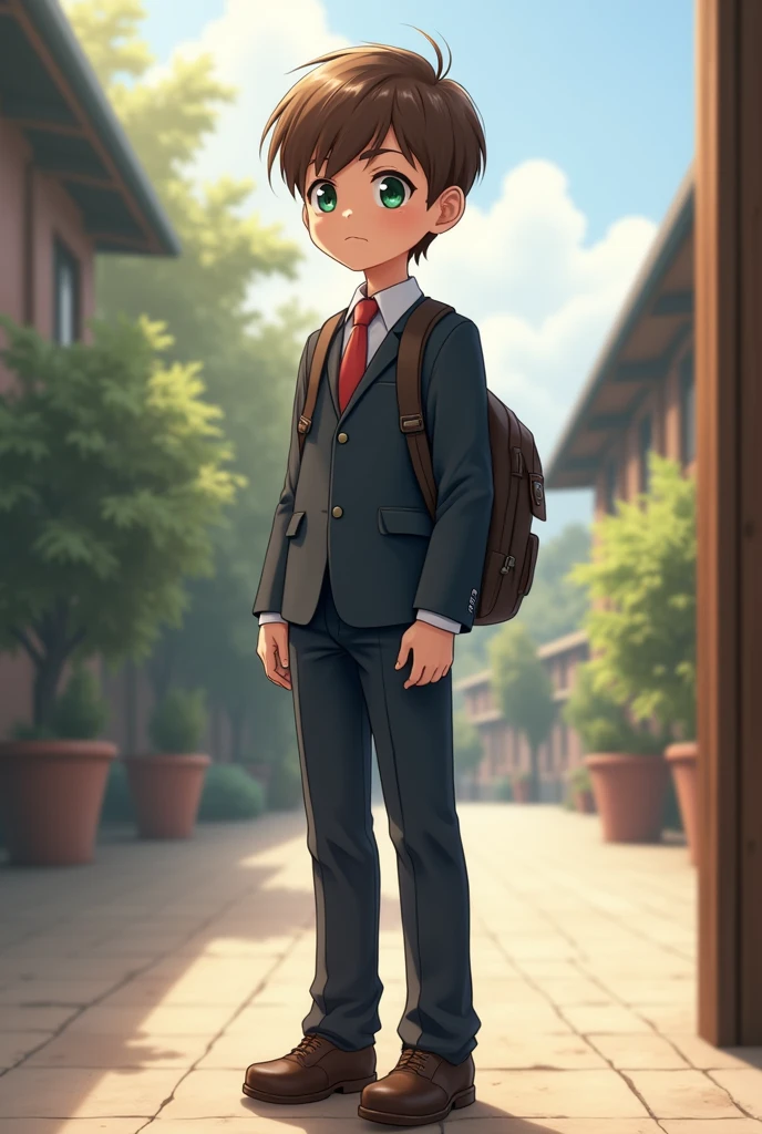 A boy has short brown hair,and his eyes are green, He wears a school uniform