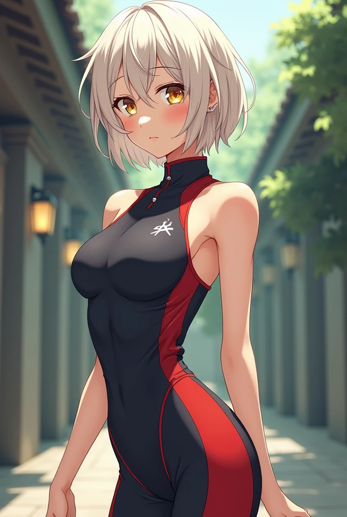 She had short white gold hair that barely passed her jawline. Her body was fitted in a tight training uniform that would have made her look like quite the master if one wasn't first infatuated by her figure.Her eyes carried the same white gold color. Anime