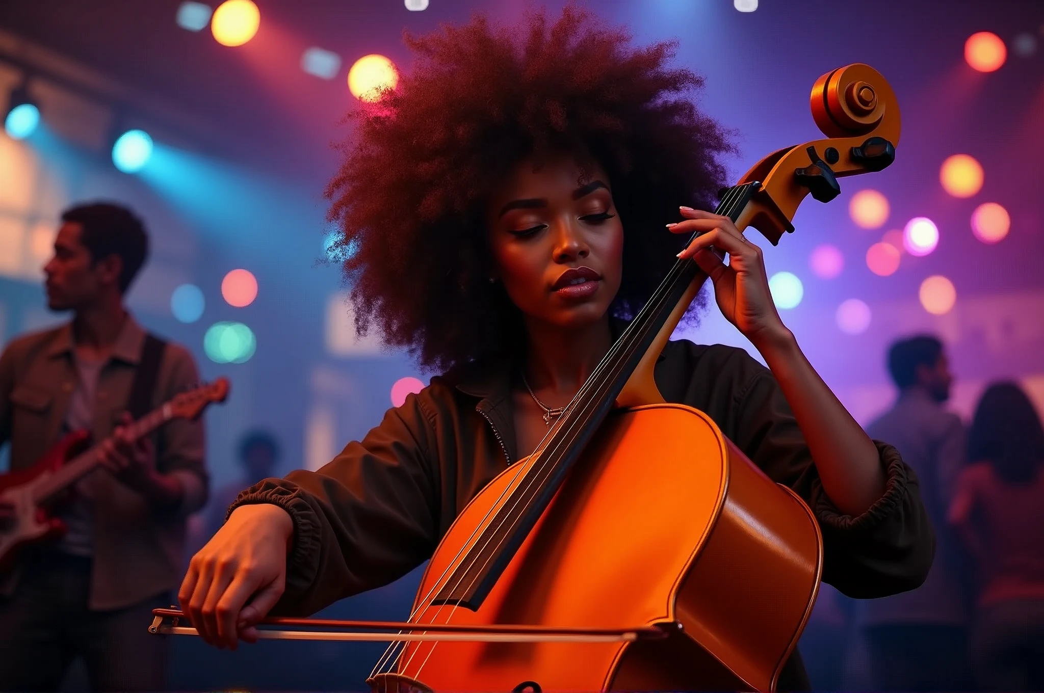 Woman plays orange cello with brown afro, location nightclub realistic