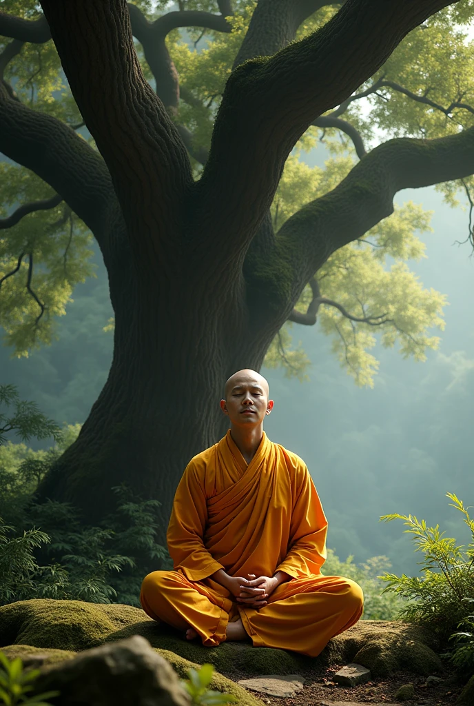 Bhutanese monk meditating under a tree
