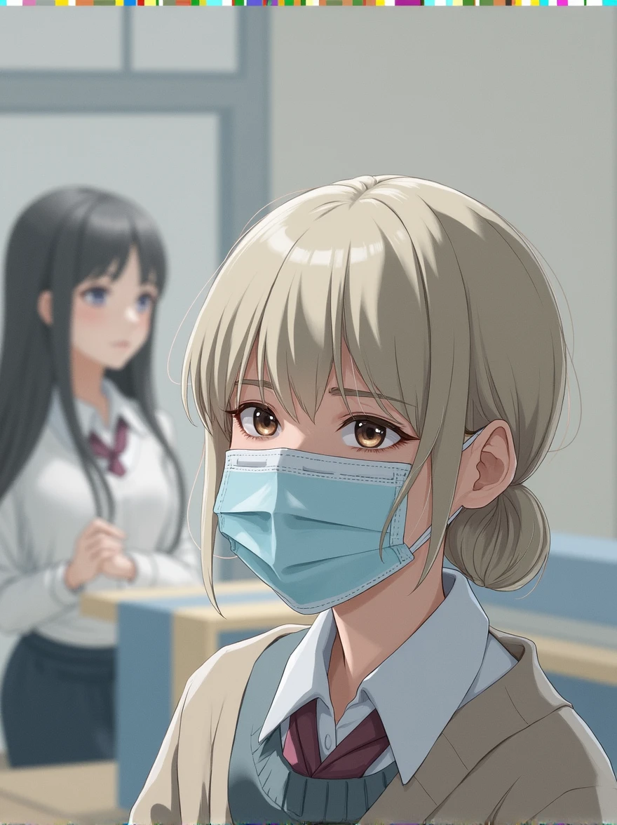 (photo realistic:1.6), ultra detailed, young woman, uplight, school wear, mask