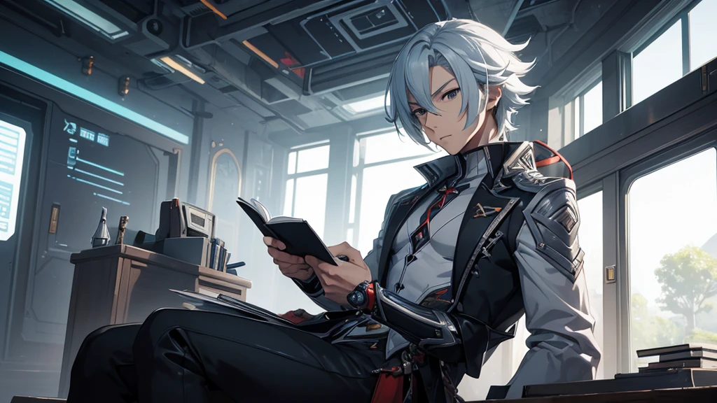 man writing a diary in a futuristic setting. He should have clothes and hair similar to Arlechinno from the game Genshin Impact.
