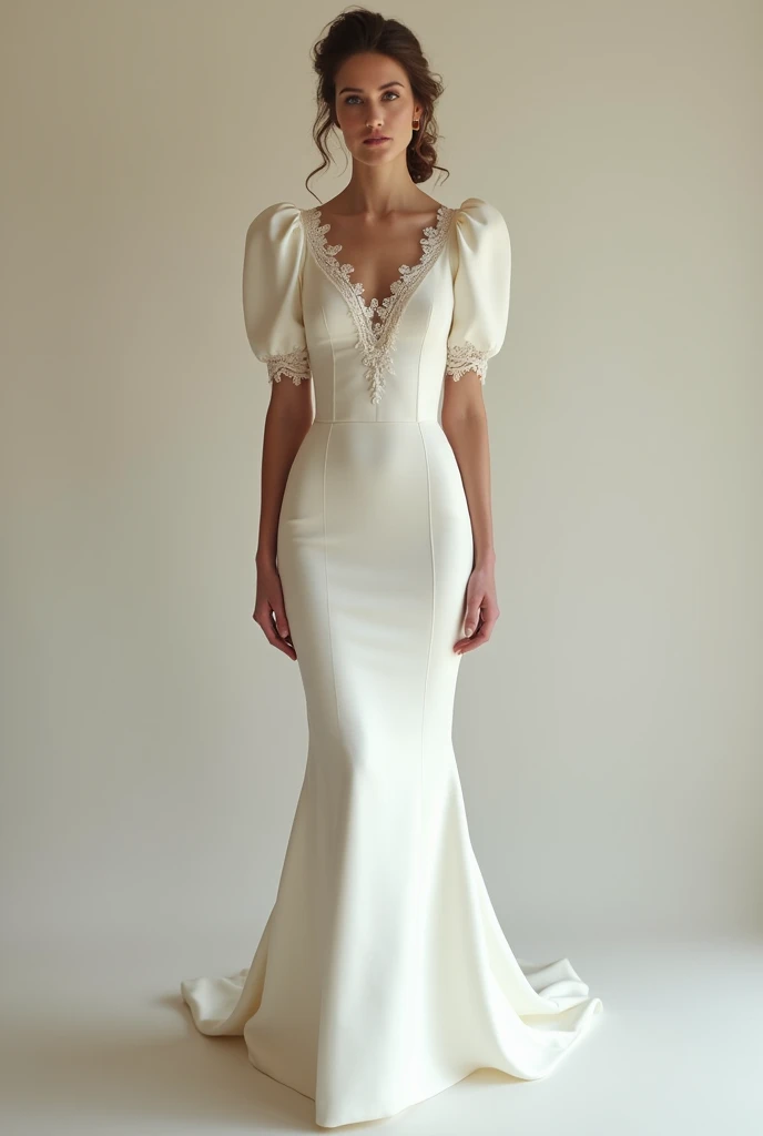 Bride wedding gown, puff sleeves,  broad neckline with no depth ,slim fit unique dress, no mermaid tail