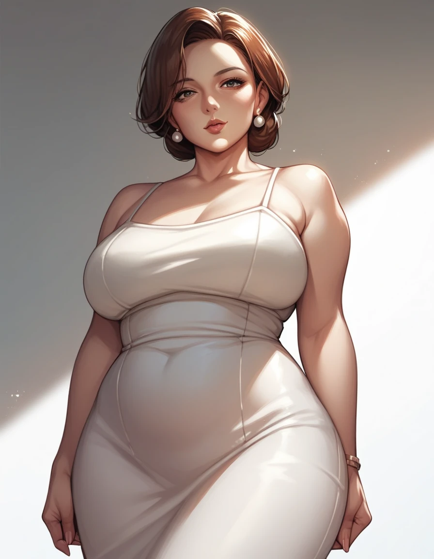 score_9, score_8_up, score_7_up, source_anime,1girl, mature female, brown hair, curvy mother, wide hips, normal breast, seductive smile, (seductive expression:1.5), looking at viewer, standing, white dress, half complete body view, 