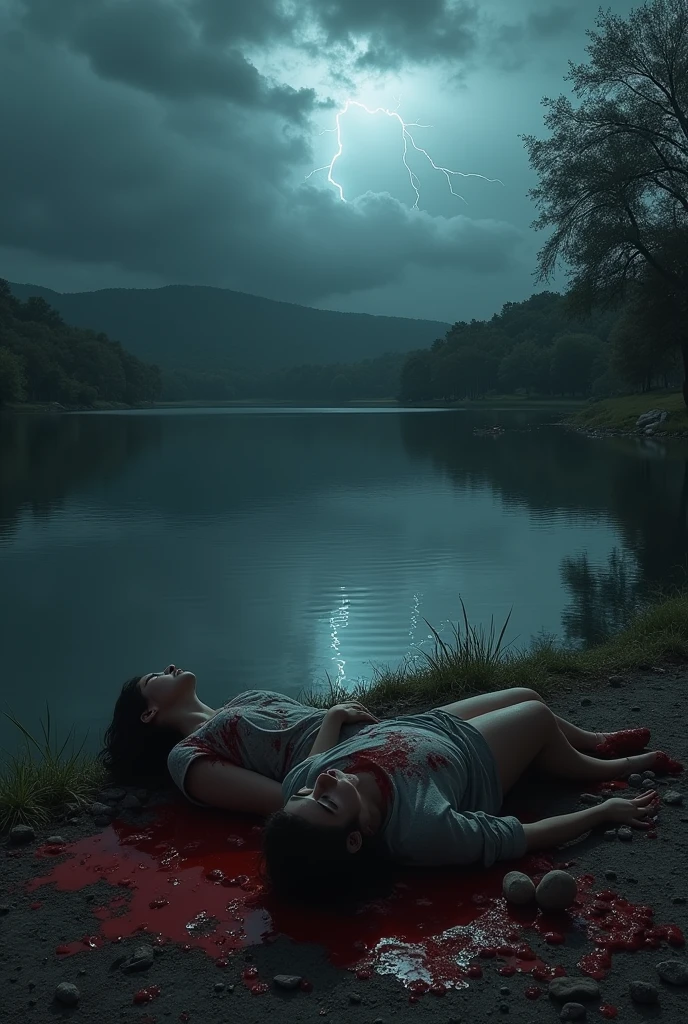 A young couple laying dead beside a pond in a stormy night. Blood coming out from bodies