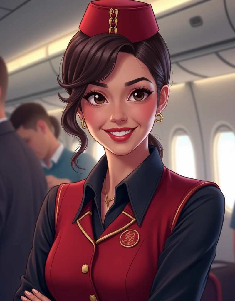 Create a portrait to illustrate this ebook title : 110 Essential In-Flight Scenarios: The Ultimate Flight Attendant's Guide to Mastering Every Passenger Situation. I need it hyper realistic, HD quality, at least 300DPI