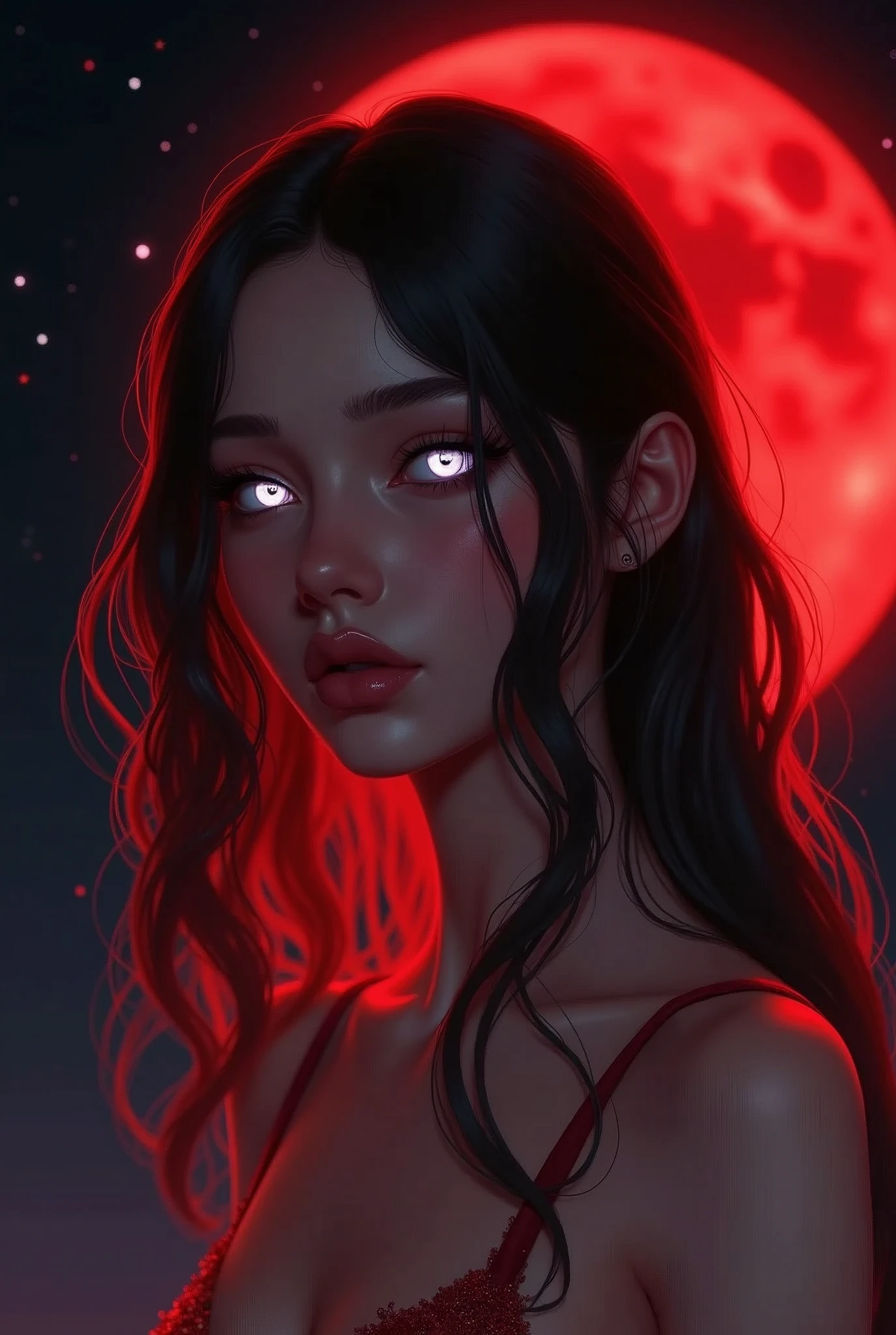 1girl, beautiful face, ((white eyes)), sexy pose, Red moon in the background, stars, space, (lightroom:1.13), soft light, (natural skin texture:1.2), (hyperrealism:1.2), sharp focus, focused,[[realistic]]