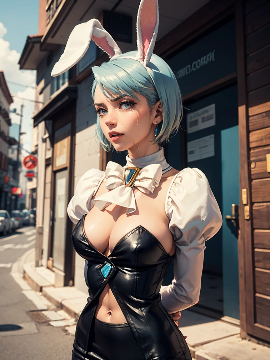 Beautiful woman is shown to have a athletic figure, she is wearing a beautiful nsfw dress, (aafranziska, light blue hair:1.5), ascot, (crop top), puffy sleeves, pencil skirt, pantyhose, black gloves, jewelry, earrings, (black bunny ears:1.4), black lips, (tears:1.4), girl standing in street, looking down, sexy session, (arms behind back:1.7), exposed cleavage, (abs), cowboy shot, superior quality, many details, realistic
