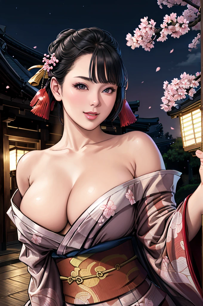 (Browsing Caution), (RAW Photos), (Realistic), (Photorealistic), Ultra-high resolution, masterpiece, Highest quality, Portraiture, facial Portraiture, Perfect lighting, Detailed lighting, Dramatic Shadows, Ray Tracing, Pure Eros Face_v1, Urzan-6500-v1.1, ((smile)), ((upper body:1.2)), ((random sexy pose)), looking at viewer, ((wearing a kimono)), ((off shoulders kimono:1.8)), ((in old Japanese street)), ((night)), ((full moon)), ((background with Cherry blossoms:1.2)), ((Japanese tattoo)),