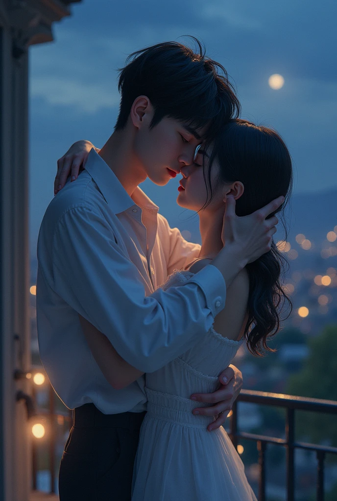 1 man,1woman, woman in long hair, woman look like Karina Aespa, brown hair, purple eyes, white shirt, black skirt, man in musculair, man look idol, suit, trained, man are taller than woman, man hug the woman, background city and sky sunset cloudy