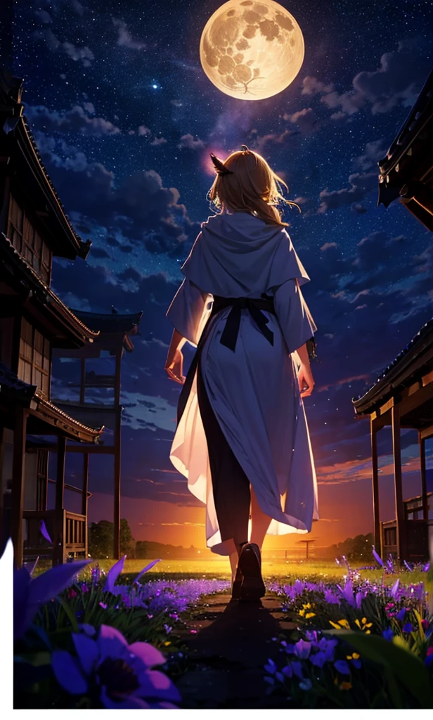 1people々々々々々々々々々々々々々々々々々々々,Woman with medium length blonde hair,Fox Ears,Long coat,Takageta, Dress Silhouette, Rear View,Space Sky, Flower Field,Colorful flowers,Dancing Petals,full moon,shrine,