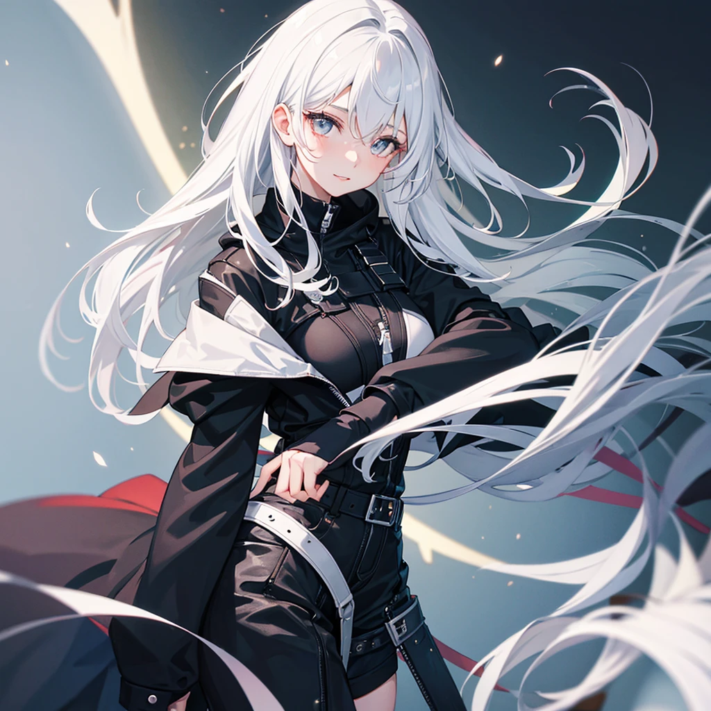 one girl, White hair, grey eyes, black lips, laughs, solid background