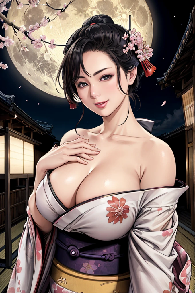 (Browsing Caution), (RAW Photos), (Realistic), (Photorealistic), Ultra-high resolution, masterpiece, Highest quality, Portraiture, facial Portraiture, Perfect lighting, Detailed lighting, Dramatic Shadows, Ray Tracing, Pure Eros Face_v1, Urzan-6500-v1.1, ((smile)), ((upper body:1.2)), ((random sexy pose)), looking at viewer, ((wearing a kimono)), ((off shoulders kimono:1.8)), ((in old Japanese street)), ((night)), ((full moon)), ((background with Cherry blossoms:1.2)), ((Japanese tattoo)),