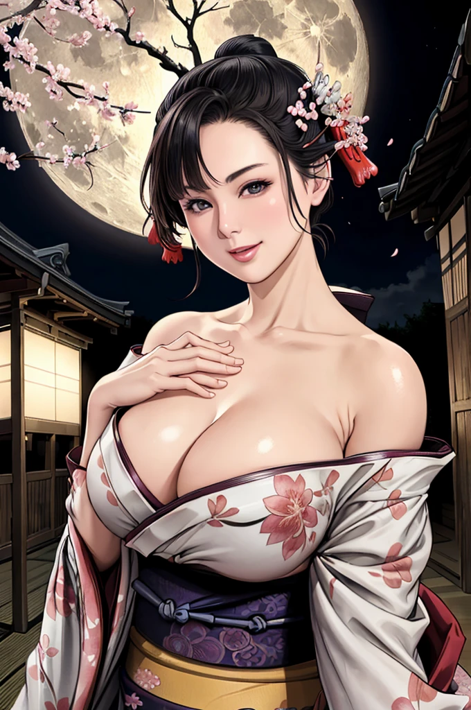 (Browsing Caution), (RAW Photos), (Realistic), (Photorealistic), Ultra-high resolution, masterpiece, Highest quality, Portraiture, facial Portraiture, Perfect lighting, Detailed lighting, Dramatic Shadows, Ray Tracing, Pure Eros Face_v1, Urzan-6500-v1.1, ((smile)), ((upper body:1.2)), ((random sexy pose)), looking at viewer, ((wearing a kimono)), ((off shoulders kimono:1.8)), ((in old Japanese street)), ((night)), ((full moon)), ((background with Cherry blossoms:1.2)), ((Japanese tattoo)),