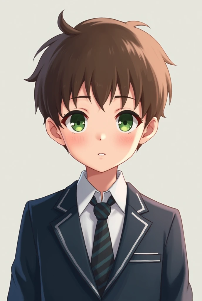 A boy has short brown hair,and his eyes are green, He wears a school uniform