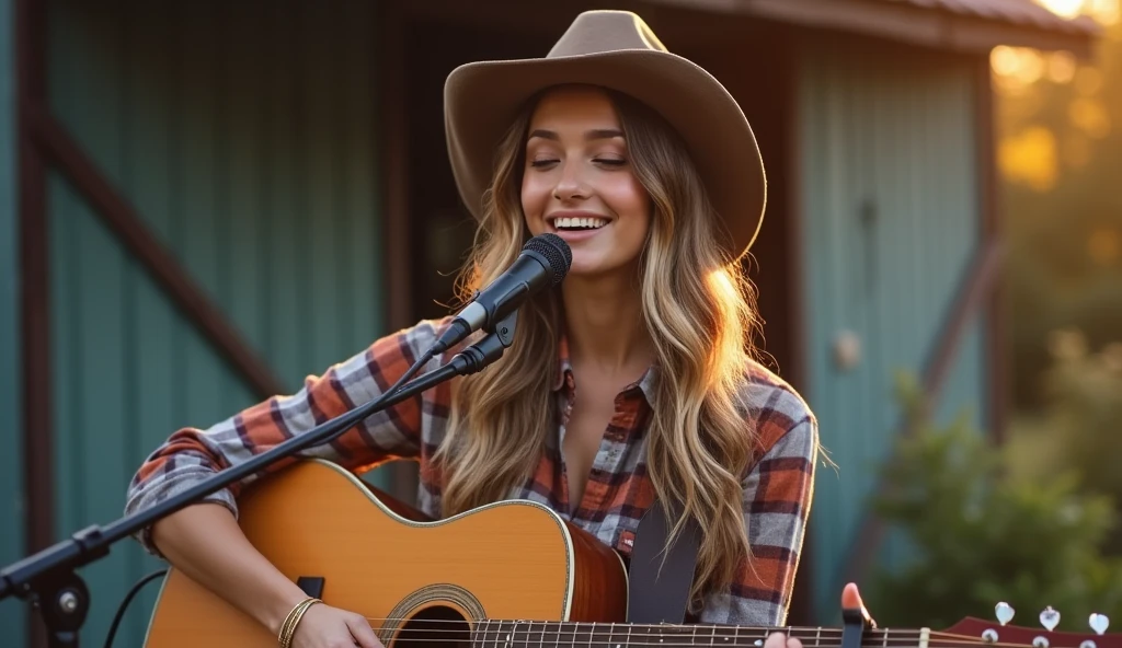 Beautiful Gorgeous Women Playing an Acoustic Guitar while singing to a mic, in front of a barn, photorealistic, Country Christian Theme. High Quality