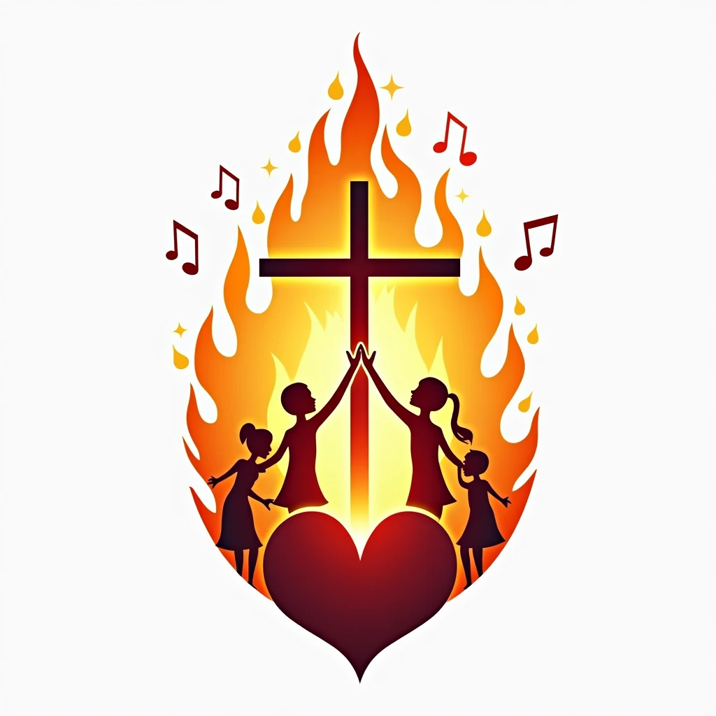 A Catholic music ministry logo, called Burning Fire. cross of christ, Heart, musical notes and people praying. PICTURE REALISTIC.