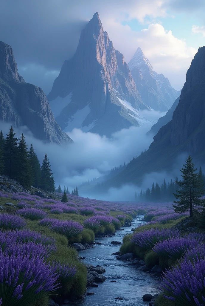 a dramatic mystical mountain landscape with a small winding stream, lavender flowers in the foreground, surrounded by an atmospheric dark fog, highly detailed, cinematic lighting, moody and atmospheric, lush vibrant colors, digital art