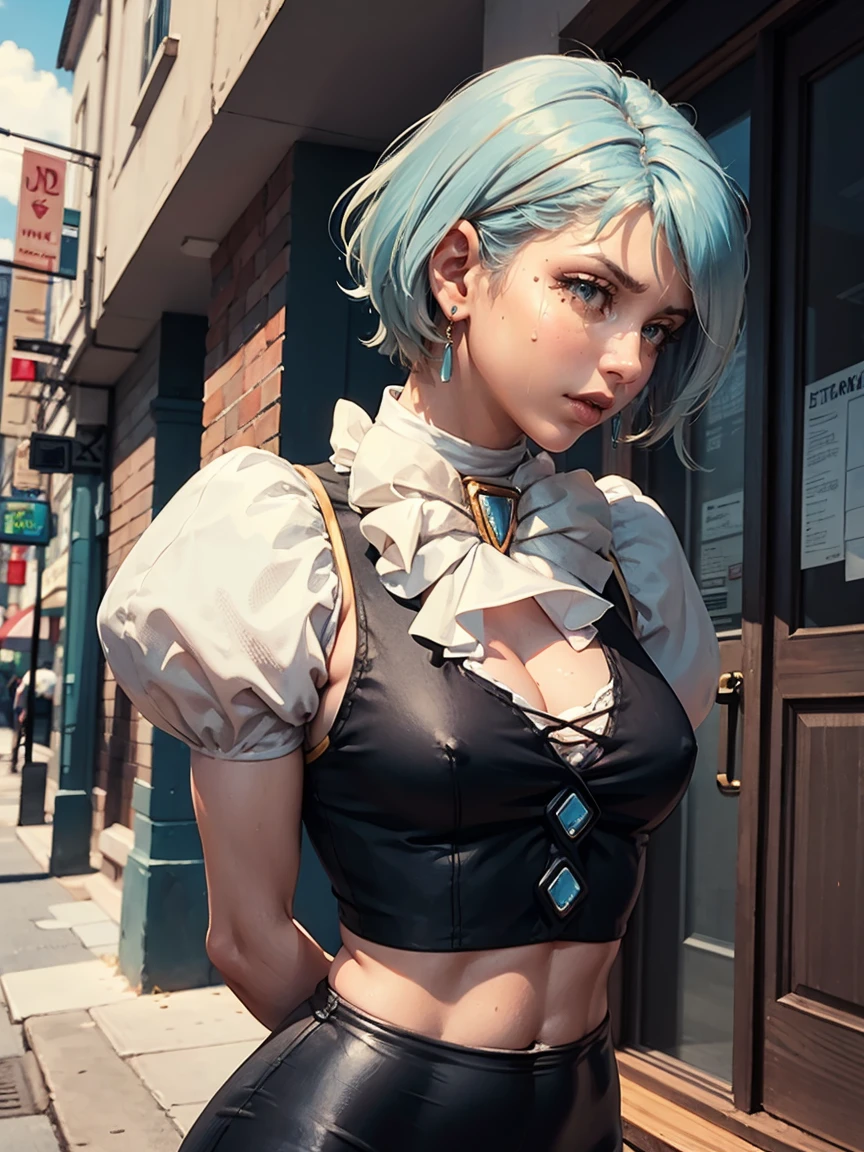 Beautiful woman is shown to have a athletic figure, she is wearing a beautiful nsfw dress, (aafranziska, light blue hair:1.5), ascot, (crop top), puffy sleeves, pencil skirt, pantyhose, black gloves, jewelry, earrings, (black bunny ears:1.4), black lips, (tears:1.4), girl standing in street, (looking down:1.4), sexy session, (arms behind back:1.7), exposed cleavage, (abs), cowboy shot, superior quality, many details, realistic