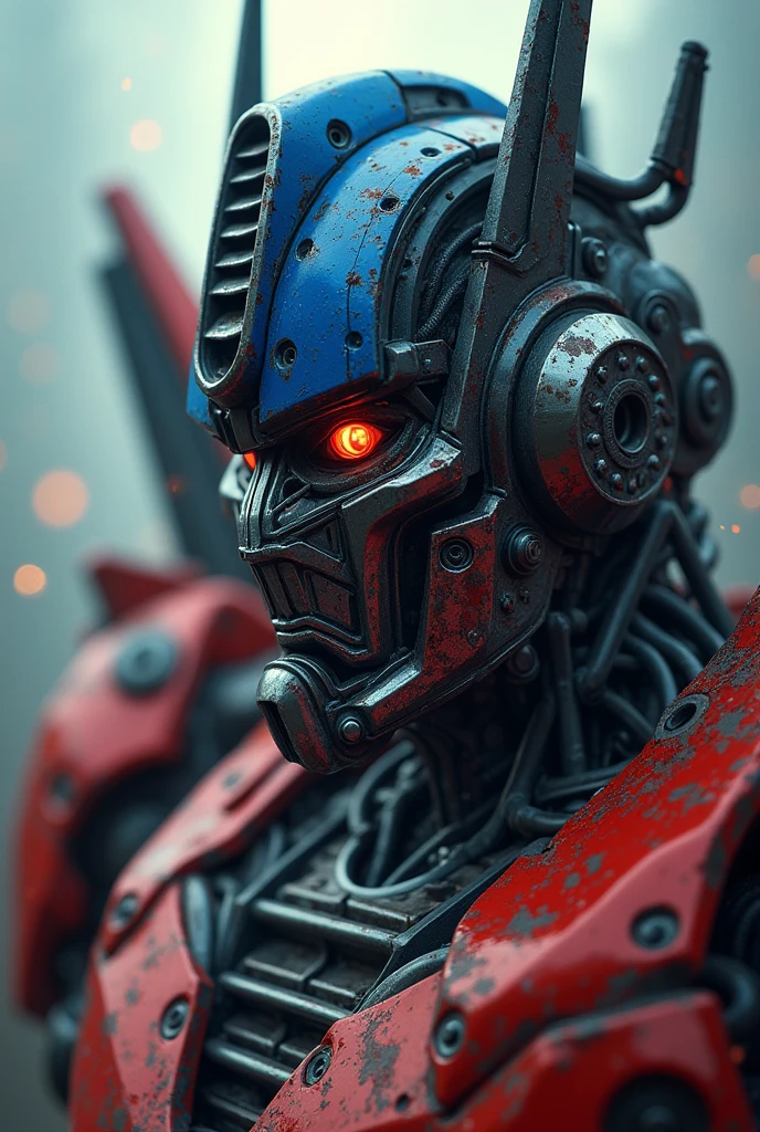 a highly detailed and intricate mecha robot Optimus Prime, hyper-realistic, photorealistic, ultra-detailed, 8k, cinematic lighting, dramatic pose, intense action scene, mecha anime style, Kirito from Sword Art Online severely injured and bleeding, visceral and gritty, dark and moody atmosphere, dynamic camera angle, depth of field, stunning visual effects, cinematic composition