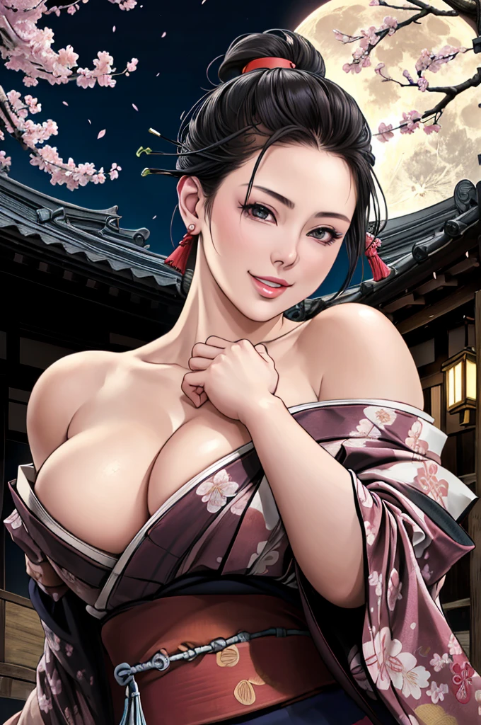 (Browsing Caution), (RAW Photos), (Realistic), (Photorealistic), Ultra-high resolution, masterpiece, Highest quality, Portraiture, facial Portraiture, Perfect lighting, Detailed lighting, Dramatic Shadows, Ray Tracing, Pure Eros Face_v1, Urzan-6500-v1.1, ((smile)), ((upper body:1.2)), ((random sexy pose)), looking at viewer, ((wearing a kimono)), ((off shoulders kimono:1.8)), ((in old Japanese street)), ((night)), ((full moon)), ((background with Cherry blossoms:1.2)), ((Japanese tattoo)),
