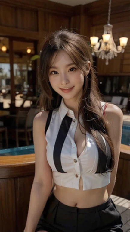 UHD, high quality, best quality, 16k,4K(8K), Business Professional Attire, at the bar,  shirt, sleeveless, jacket, looking at viewer, smile with teeth, thighhigh, blurry background, indoor, bar, 