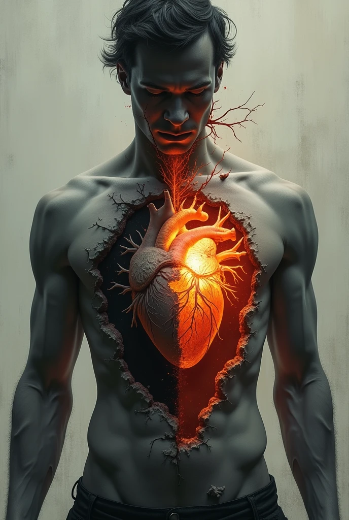 Torso of a man with a door that opens to the heart that is divided into two, one deteriorated side and the other illuminated side
