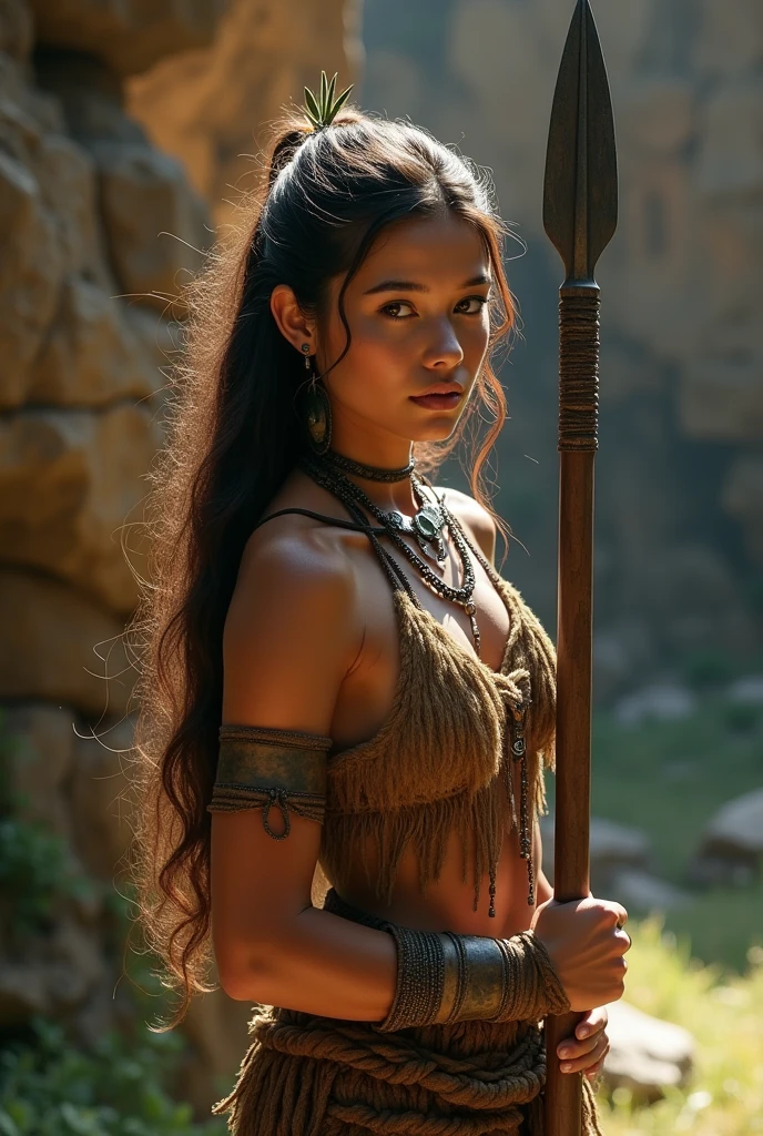 tribe of beautiful women wearing caveman clothing, wielding a spear, detailed facial features, beautiful eyes, detailed skin texture, (best quality, 4k, 8k, high resolution, masterpiece: 1.2), ultra detailed, (realistic, photorealistic, photorealistic: 1.37), natural lighting, warm color tones, intricate tribal patterns, rugged environment, lush vegetation, detailed rock formations, dramatic lighting